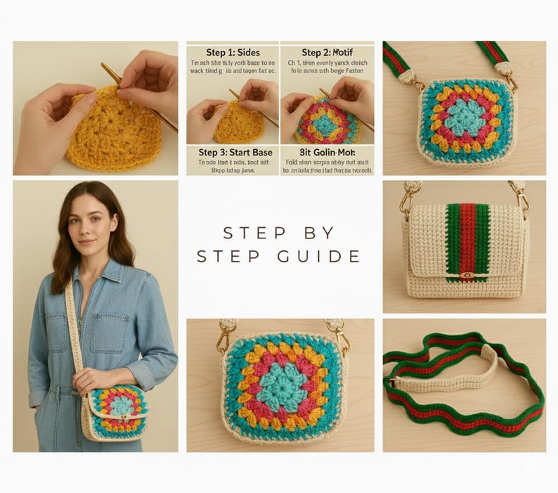 Pode incluir: Um guia passo a passo para fazer croch&ecirc; em uma bolsa quadrada colorida. A imagem mostra a bolsa em v&aacute;rios est&aacute;gios de conclus&atilde;o, com close-ups do trabalho de croch&ecirc; e do produto finalizado. A bolsa tem formato quadrado com um design colorido.