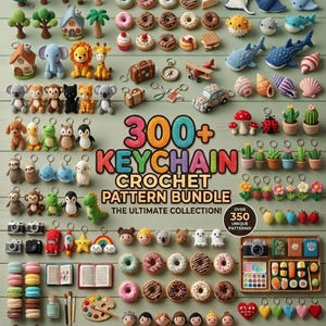 May include: A selection of crochet keychain patterns, showcasing diverse designs like animals, food, and objects. The image presents a range of colourful, handmade keychains, including trees, doughnuts, and sea creatures. The text "300+ KEYCHAIN CROCHET PATTERN BUNDLE" is visible.