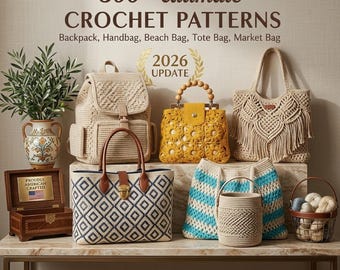 Pacote com mais de 300 modelos de bolsas e nécessaires de crochê: estilos boho, moderno e vintage em PDF para download imediato.