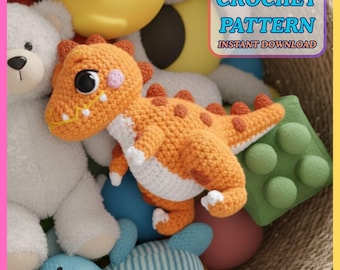 May include: An orange crochet dinosaur toy with white accents and brown spots. The dinosaur is surrounded by other toys, including a white teddy bear, a yellow rubber duck, and a green sensory toy. The image includes the text "CROCHET PATTERN INSTANT DOWNLOAD".