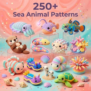 Könnte beinhalten: Eine Sammlung farbenfroher, gehäkelter Meeresmuster, darunter ein Oktopus, ein Anglerfisch und eine Schildkröte. Das Bild zeigt den Text "250+ Sea Animal Patterns" und präsentiert handgefertigte Wasserlebewesen.