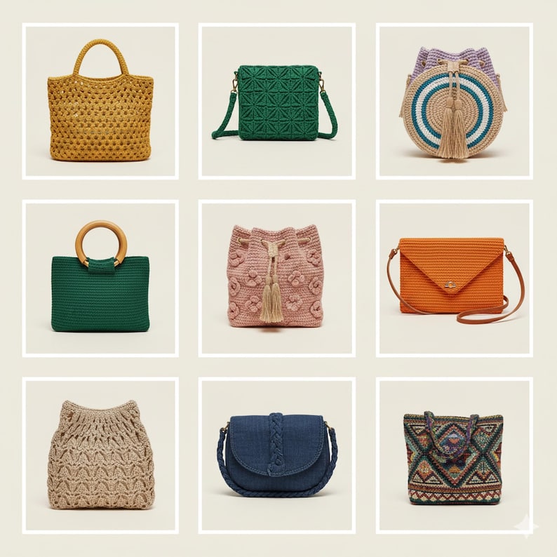 Pode incluir: Uma cole&ccedil;&atilde;o de nove bolsas de croch&ecirc; artesanais em v&aacute;rias formas, tamanhos e cores. As bolsas incluem bolsas tote, bolsas crossbody e bolsas com cord&atilde;o. As cores incluem amarelo, verde, rosa, laranja, azul e tons neutros.
