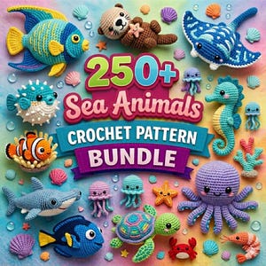 May include: A colorful crochet pattern bundle featuring various sea creatures, including fish, a stingray, and an octopus. The text "250+ Sea Animals CROCHET PATTERN BUNDLE" is displayed prominently. The image is filled with crochet animals in various colors.