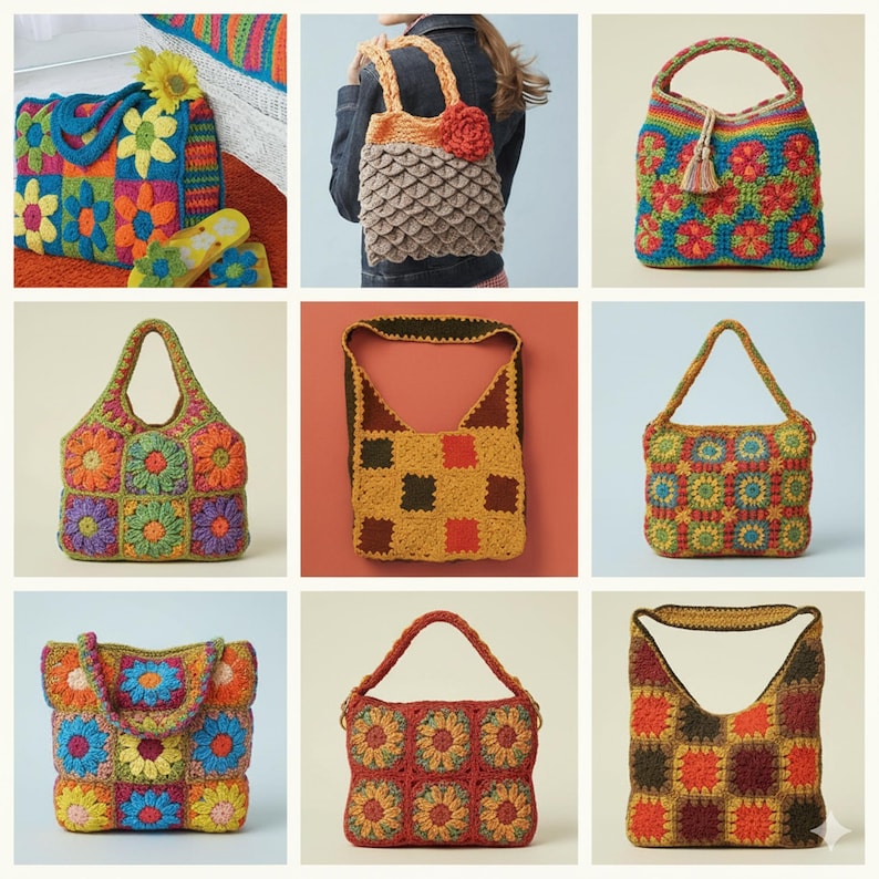 Pode incluir: Uma cole&ccedil;&atilde;o de bolsas de croch&ecirc; feitas &agrave; m&atilde;o em v&aacute;rios estilos e cores. As bolsas apresentam padr&otilde;es florais e geom&eacute;tricos, com uma mistura de tons brilhantes e terrosos. Algumas bolsas t&ecirc;m al&ccedil;as, outras s&atilde;o bolsas de ombro.