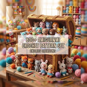 May include: A wooden chest overflowing with colorful amigurumi crochet dolls, including bears, foxes, and bunnies. The image features the text "800+ Amigurumi Crochet Pattern Set" and "Endless Creations". Yarn balls and crochet hooks are scattered around the chest.