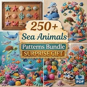 May include: A collection of crochet sea animal patterns, including fish, starfish, and coral. The image features a corkboard display, along with various finished crochet projects and the text "250+ Sea Animals Patterns Bundle SURPRISE GIFT."