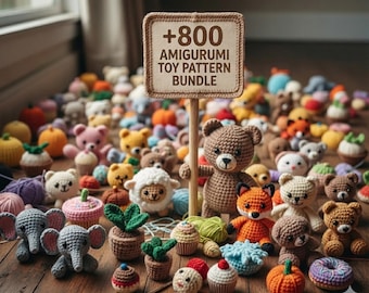 May include: A display of crocheted amigurumi toys, such as bears, elephants, and pumpkins, on a wooden surface. A sign reads "+800 Amigurumi Toy Pattern Bundle". The toys are in various colours and sizes, demonstrating a range of crochet patterns.