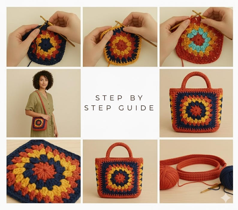 Pode incluir: Um guia passo a passo mostra como fazer um granny square, uma pequena bolsa e uma bolsa transversal. As bolsas e os quadrados apresentam um design colorido com fio laranja, amarelo e azul marinho. O texto "STEP BY STEP GUIDE" &eacute; vis&iacute;vel.