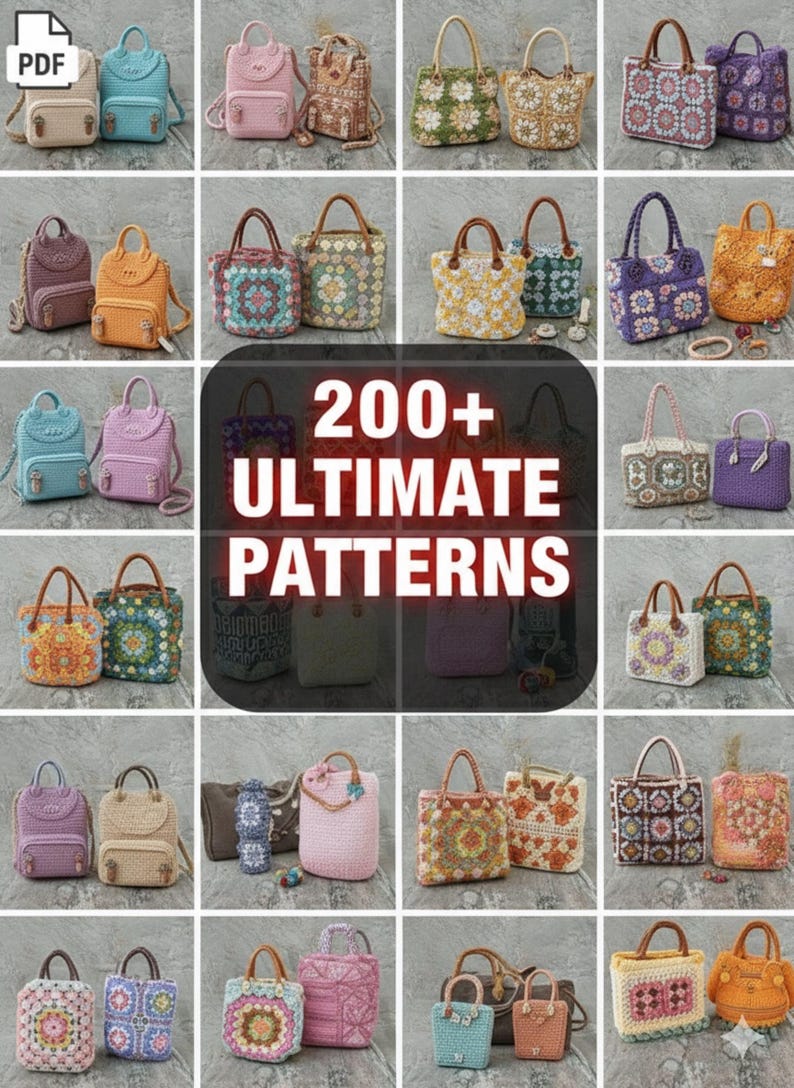 Pode incluir: Uma cole&ccedil;&atilde;o de bolsas e mochilas de croch&ecirc; em v&aacute;rias cores e padr&otilde;es. A imagem apresenta uma variedade de bolsas feitas &agrave; m&atilde;o, incluindo mochilas e bolsas tote, com desenhos florais e geom&eacute;tricos. O texto "200+ ULTIMATE PATTERNS" &eacute; exibido no centro.