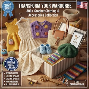 May include: An assortment of crochet items, including dresses, a cardigan, baby booties, a handbag, and a beret. The image also features a scarf, a phone displaying a PDF, and text that reads "TRANSFORM YOUR WARDROBE" and "300+ Crochet Clothing & Accessories Collection."