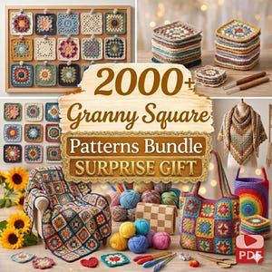 Puede incluir: Una colección de proyectos de ganchillo con cuadrados de la abuela coloridos, incluyendo mantas y bolsos. La imagen presenta artículos terminados, ovillos de lana y el texto "2000+ Granny Square Patterns Bundle SURPRISE GIFT", destacando un conjunto de patrones.