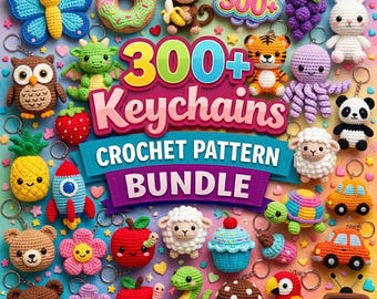 Pacote com mais de 300 padrões de crochê para chaveiros em PDF, incluindo amigurumi de mini animais fofos, comida e arco-íris de pelúcia. Download digital instantâneo.