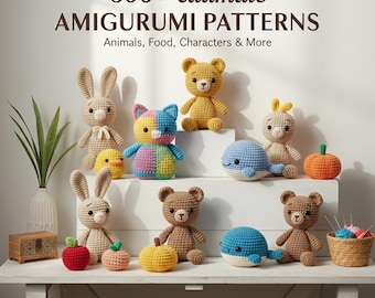 May include: A display of crocheted amigurumi figures, such as bunnies, bears, a cat, a whale, and a pumpkin, on a white surface. The image features the text "800+ Ultimate Amigurumi Patterns" and "Pattern Catalog".