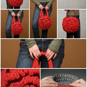 Pode incluir: Bolsa de m&atilde;o redonda vermelha de croch&ecirc;, com um design texturizado em forma de rosa. A bolsa tem duas al&ccedil;as e uma al&ccedil;a de ombro remov&iacute;vel. M&uacute;ltiplas vistas, incluindo um close-up do trabalho de croch&ecirc;.