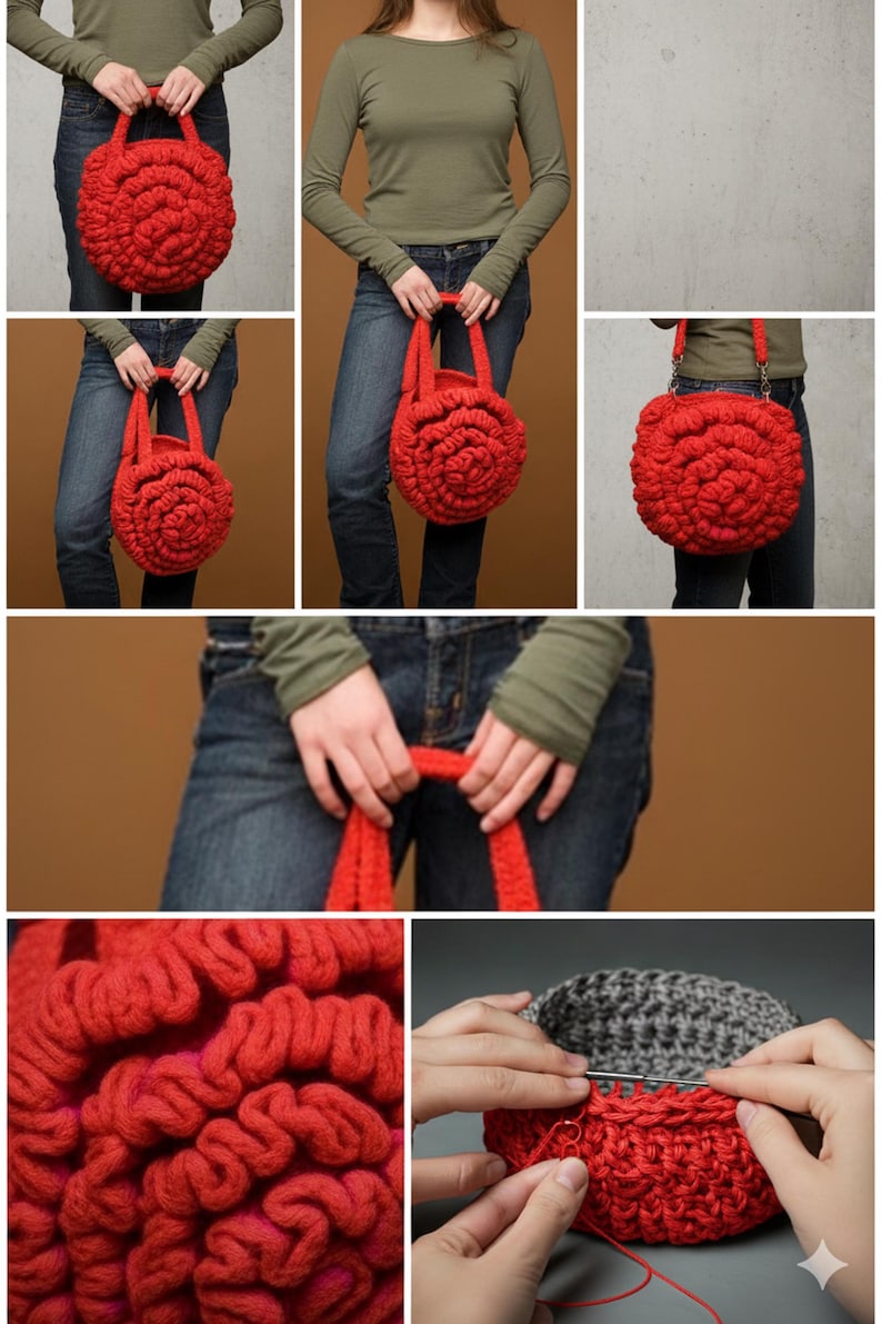 Pode incluir: Bolsa de m&atilde;o redonda vermelha de croch&ecirc;, com um design texturizado em forma de rosa. A bolsa tem duas al&ccedil;as e uma al&ccedil;a de ombro remov&iacute;vel. M&uacute;ltiplas vistas, incluindo um close-up do trabalho de croch&ecirc;.