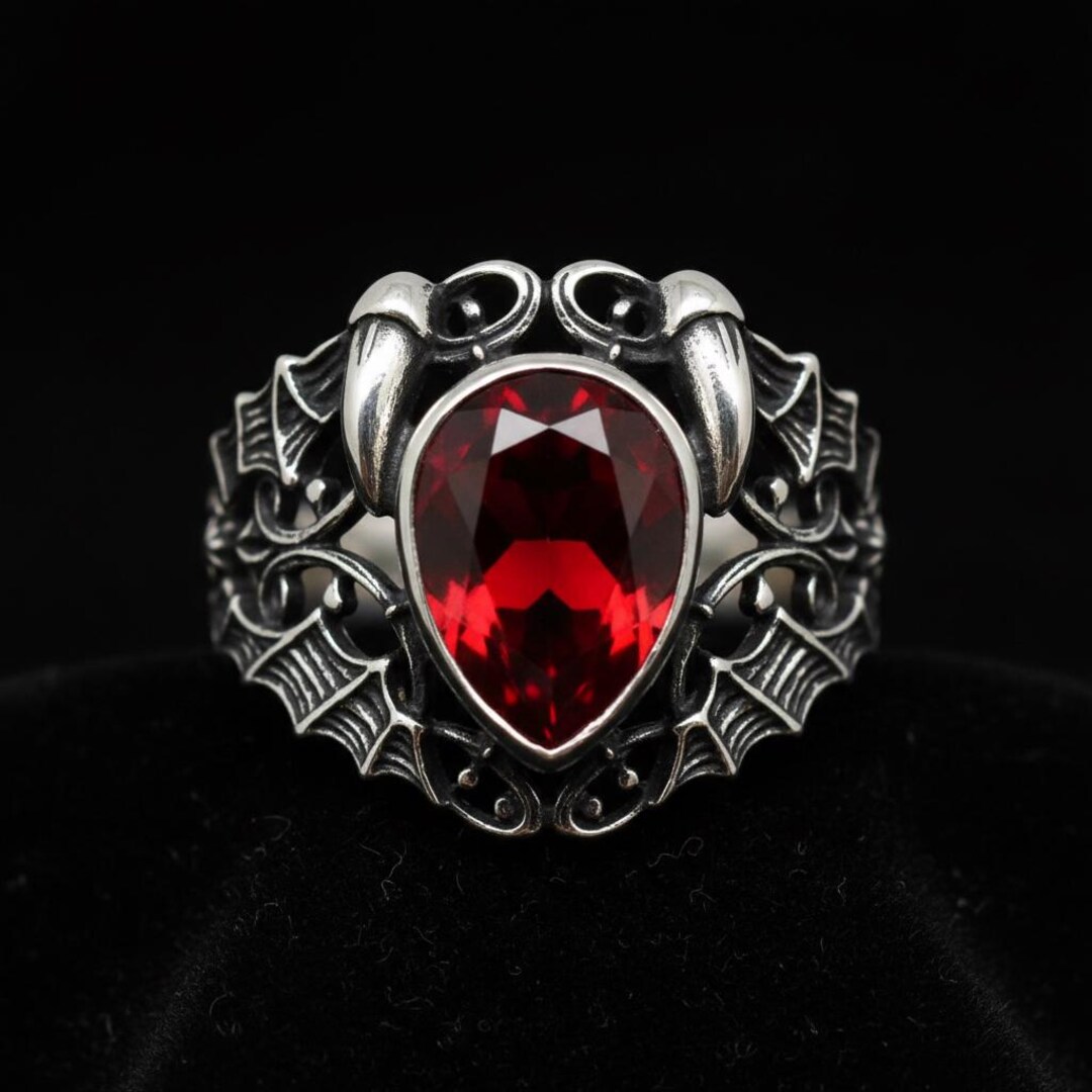Gothic Vampire Bat Ring: Red Teardrop Crystal, Antique Silver - Etsy