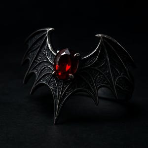 May include: A silver-toned ring with a bat wing design and a large, oval, red gemstone at the center. The wings are detailed with etched lines, and the ring is set against a dark background.