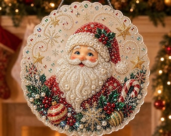 Christmas Pearl Diamond Art Painting Suncatcher Kit, DIY Craft Acrylic Round Board with Lace Edge,Pearl Beads Craft, Window Wall Decor