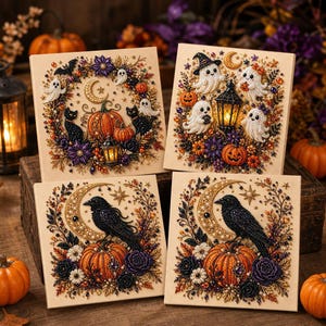 May include: Four square diamond painting canvases featuring Halloween themes. Two canvases display a black raven perched on a pumpkin with a crescent moon, while the others show ghosts, black cats, pumpkins, and lanterns with floral accents.