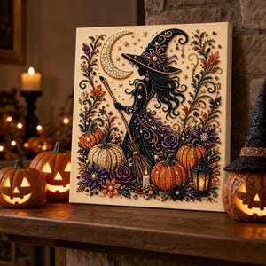 May include: A square diamond painting canvas featuring a silhouette of a witch in a pointed hat holding a broomstick, surrounded by a crescent moon, stars, orange pumpkins, purple flowers, and a lantern, all rendered with colorful faceted beads.