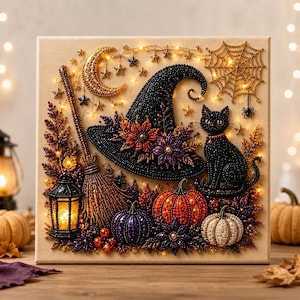 Halloween Ghost Pearl Art DIY Kit, Spooky Cute 3D Diamond Art Painting Crafts for Adults,Fall Home Decor Wall Art,Beginner DIY Seasonal Gift Cat & Witch Hat