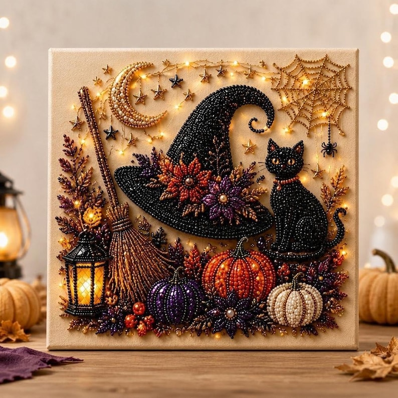 Halloween Ghost Pearl Art DIY Kit, Spooky Cute 3D Diamond Art Painting Crafts for Adults,Fall Home Decor Wall Art,Beginner DIY Seasonal Gift Cat & Witch Hat