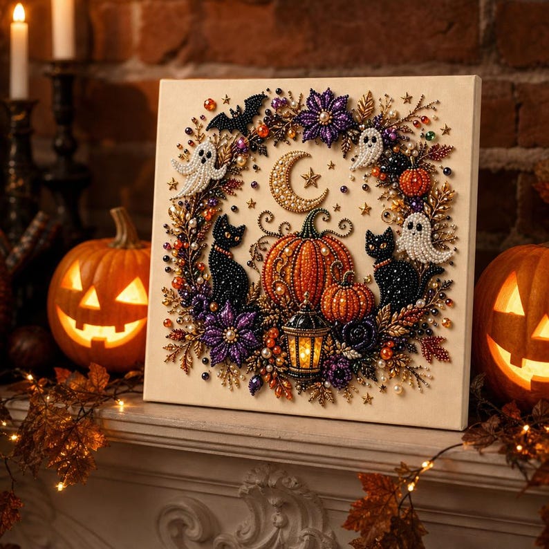 May include: A square diamond painting canvas featuring a Halloween wreath design with two black cats, white ghosts, orange pumpkins, a crescent moon, and a lantern. The artwork is embellished with colorful beads and sequins on a light background.