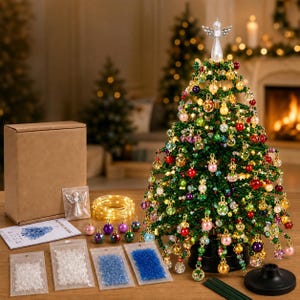 May include: A tabletop Christmas tree constructed from green beads, decorated with multi-colored glass ornaments and a silver angel topper. The set includes a brown cardboard box, a string of LED lights, small bags of loose beads, and an instruction card.