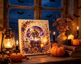 May include: A square canvas print featuring a central crystal ball containing a haunted castle, a ghost, and a pumpkin, surrounded by floral embellishments, a crescent moon, and stars. The scene is set on a wooden surface with pumpkins, candles, and a lantern.