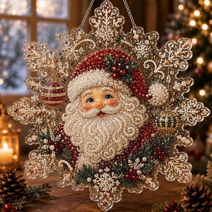 May include: A decorative hanging ornament shaped like a large snowflake featuring a central image of Santa Claus. The design is embellished with small beads and crystals in red, white, and green, with two small spherical ornaments hanging from the sides.