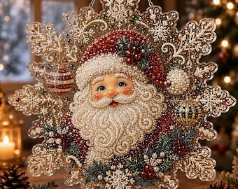 Christmas Pearl Diamond Art Painting Suncatcher Kit,Acrylic DIY Diamond and Pearl Art Painting,Acrylic Snowflake Pendant with Lace Edge