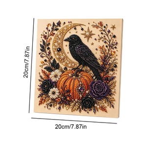 May include: A square diamond painting kit featuring a black raven perched on an orange pumpkin, surrounded by a gold crescent moon, stars, and floral accents. The artwork measures 20cm by 20cm, or 7.87 inches by 7.87 inches, as indicated by text.