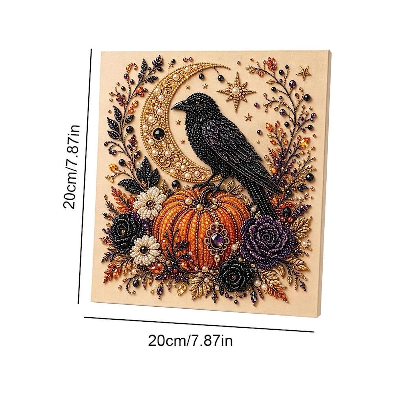 May include: A square diamond painting kit featuring a black raven perched on an orange pumpkin, surrounded by a gold crescent moon, stars, and floral accents. The artwork measures 20cm by 20cm, or 7.87 inches by 7.87 inches, as indicated by text.