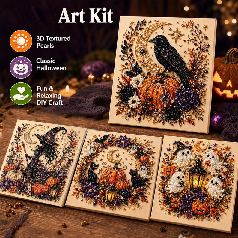 Halloween Ghost Pearl Art DIY Kit, Spooky Cute 3D Diamond Art Painting Crafts for Adults,Fall Home Decor Wall Art,Beginner DIY Seasonal Gift image 2
