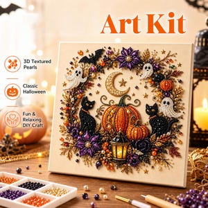 May include: A square craft kit featuring a Halloween-themed design with a central pumpkin, two black cats, ghosts, a crescent moon, and a lantern. The artwork is embellished with 3D textured pearls in orange, purple, black, and white colors.