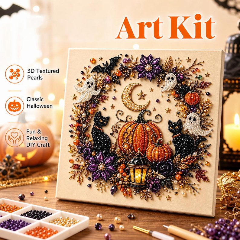 May include: A square craft kit featuring a Halloween-themed design with a central pumpkin, two black cats, ghosts, a crescent moon, and a lantern. The artwork is embellished with 3D textured pearls in orange, purple, black, and white colors.