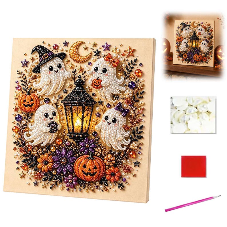 May include: A diamond painting kit featuring a square canvas with four white ghosts, a central black lantern, orange pumpkins, and purple flowers. Includes a small bag of white beads, a red wax square, and a pink applicator tool for crafting.