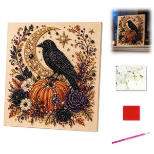 May include: A diamond painting kit featuring a black crow perched on an orange pumpkin, set against a gold crescent moon and floral accents. Includes a canvas, a bag of white beads, a red wax square, and a pink applicator tool for assembly.