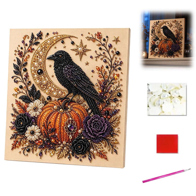 May include: A diamond painting kit featuring a black crow perched on an orange pumpkin, set against a gold crescent moon and floral accents. Includes a canvas, a bag of white beads, a red wax square, and a pink applicator tool for assembly.