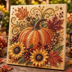 May include: A square canvas art piece featuring a central orange pumpkin embellished with beads and crystals. The design includes two yellow sunflowers, red and orange maple leaves, and decorative swirling vines, all accented with small pearls.