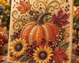 May include: A square canvas art piece featuring a central orange pumpkin embellished with beads and crystals. The design includes two yellow sunflowers, red and orange maple leaves, and decorative swirling vines, all accented with small pearls.