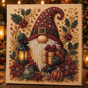 May include: A square diamond painting featuring a gnome wearing a red hat with a belt buckle, a long white beard, and a round nose. The gnome holds a gold gift box and a lit lantern, surrounded by holly leaves, red berries, and ornaments.