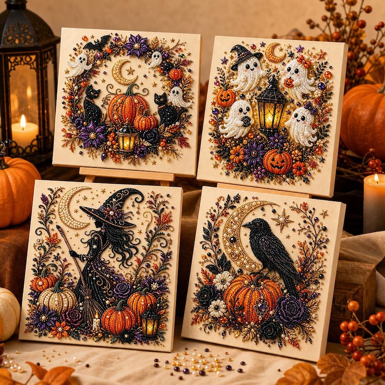 May include: Four square diamond painting canvases featuring Halloween themes. One shows a pumpkin wreath with cats and ghosts, another depicts ghosts with a lantern, a third shows a witch with a broom, and the fourth features a raven on a pumpkin.