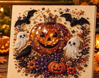 May include: A square diamond painting kit featuring a central orange jack-o'-lantern wearing a crown, flanked by two white ghosts, a black crow, and two black bats. The design is embellished with purple and orange flowers, stars, and beads.