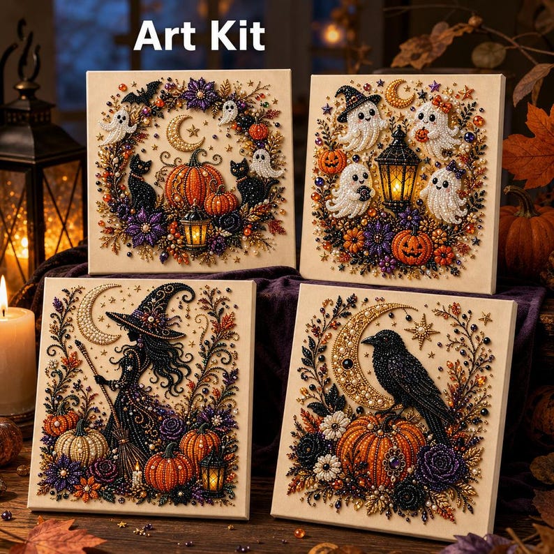 May include: Four square diamond painting canvases labeled Art Kit, featuring Halloween themes including pumpkins, ghosts, a witch, a black cat, and a raven, all decorated with colorful beads and floral accents on a light background.