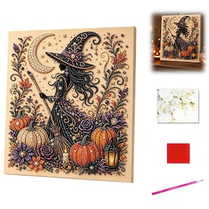 May include: A diamond painting kit featuring a witch in a pointed hat holding a broomstick, surrounded by pumpkins, flowers, and a crescent moon. The set includes a canvas, a bag of white beads, a red wax square, and a pink applicator tool.