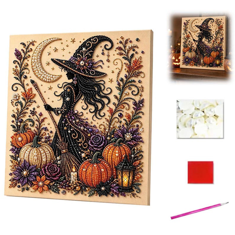 May include: A diamond painting kit featuring a witch in a pointed hat holding a broomstick, surrounded by pumpkins, flowers, and a crescent moon. The set includes a canvas, a bag of white beads, a red wax square, and a pink applicator tool.