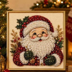 May include: A square framed wall art piece featuring a beaded mosaic of Santa Claus. The design uses red, white, and green beads to form a detailed portrait of Santa with a thick beard, a hat, and festive holly accents on a cream background.