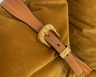 Vintage Hermès Paris Western-Style Belt – Vache Leather, White Stitching, Gold-Tone Buckle – Size 80