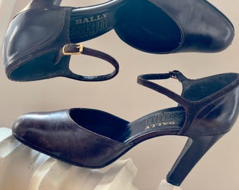Vintage Bally Leather Heels, 1970s Ankle Strap Mary Janes, French Size 37.5